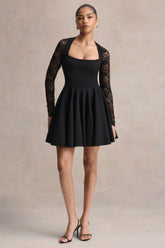 Elowen | Black Square-Neck Mini Dress With Lace-Sleeves