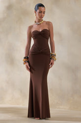 Elodia | Brown Bandeau Maxi Dress With Gathered-Detailing