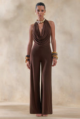Clemence | Brown Plunge-Neck Jumpsuit