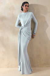 Kyrissa | Blue High-Neck Maxi Dress With Gathered-Detailing
