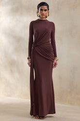 Kyrissa | Brown High-Neck Maxi Dress With Gathered-Detailing