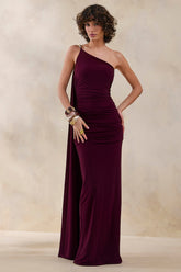 Bettine | Burgundy Asymmetric-Neck Maxi Dress With Cape-Sleeve