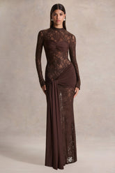 Akira | Brown Lace Maxi Dress With Sash-Detail