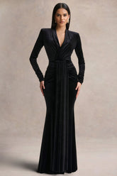 Halima | Black Velvet Plunge-Neck Maxi Dress With Gathered Detailing