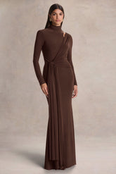 Alastrina | Brown High-Neck Maxi Dress With Gathered-Detailing