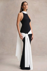 Dorinda | Black And White High-Neck Maxi Dress With Drape And Scarf-Detail