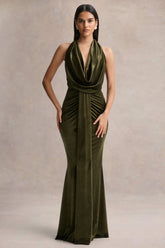Lavernia | Olive Velvet Halter-Neck Maxi Dress With Gathered-Detailing