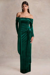Jessara | Bottle Green Bardot-Neck Maxi Dress With Knot-Details