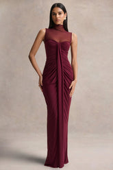 Brialle | Burgundy High-Neck Maxi Dress With Mesh And Gathered-Detailing
