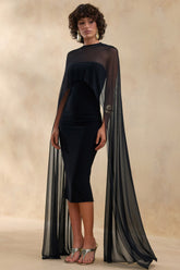 Filippa | Black Crew-Neck Midi Dress With Sheer Cape-Sleeves