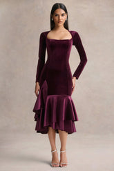 Emberlyn | Burgundy Velvet Scoop-Neck Fishtail Midi Dress