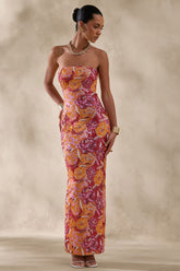 Mabel | Orange Floral Sequin Bandeau-Neck Maxi Dress
