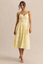 Nicoline | Lemon Lace Sweetheart Midi Dress With Cami Straps