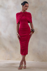 Parisia | Red Round-Neck Midi Dress With Cape-Detail