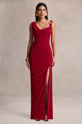 Vesperelle | Red Scoop-Neck Maxi Dress With Gathered-Detailing