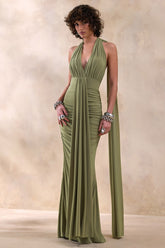 Roselani | Olive Halter-Neck Maxi Dress With Open-Back
