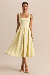 Ashmara | Lemon Lace Square-Neck Midi Dress