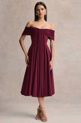 Dearest | Burgundy Bardot-Neck Midi Dress