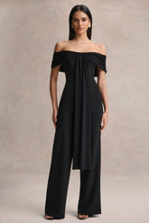 Kalida | Black Bardot-Neck Jumpsuit With Sash-Detail