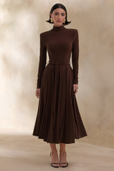 Opalia | Brown High-Neck Belted Midi Dress