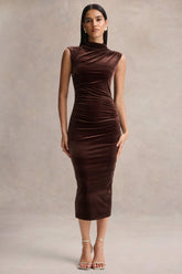 Novine | Brown Velvet High-Neck Midi Dress