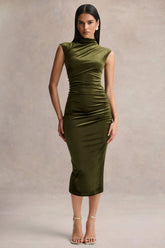 Novine | Olive Velvet High-Neck Midi Dress