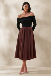 Frederica | Black And Brown Bardot-Neck Midi Dress