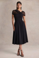 Rosette | Black Asymmetric-Neck Midi Dress