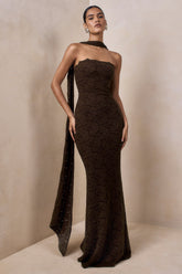 Massima | Brown Lace Bandeau Maxi Dress With Scarf-Detail