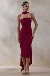 Rosaria | Burgundy Lace Bandeau Midi Dress With Scarf-Detail