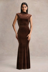 Malora | Brown Velvet High-Neck Maxi Dress With Open-Back
