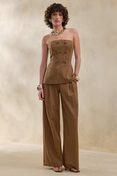 Meliva | Brown Pinstripe Wide-Leg Tailored Trouser