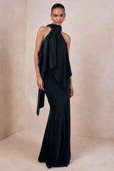 Vayla | Black Matte Satin Asymmetric Drop-Waist Maxi Skirt