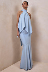 Vayla | Powder Blue Matte Satin Asymmetric Drop-Waist Maxi Skirt