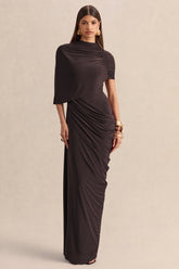 Lunaline | Brown High-Neck Maxi Dress With Asymmetric Cape And Draped-Detailing