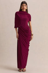 Lunaline | Burgundy High-Neck Maxi Dress With Asymmetric Cape And Draped-Detailing