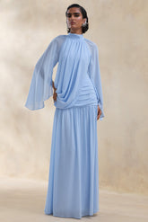 Narella | Blue Chiffon High-Neck Maxi Dress With Draped-Detailing