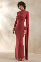 Lysoria | Rust High-Neck Maxi Dress With Draped-Detailing And Cape-Sleeves