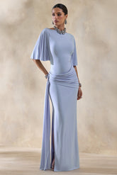 Emerelle | Powder Blue Wide-Neck Maxi Dress With Sash And Draped-Detailing