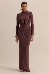 Karinthia | Brown High-Neck Maxi Dress With Draped-Detailing