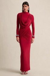 Karinthia | Red High-Neck Maxi Dress With Draped-Detailing