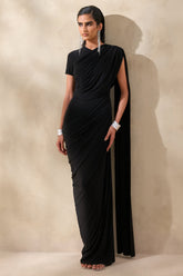 Gisara | Black High-Neck Maxi Dress With Sash And Draped-Detailing