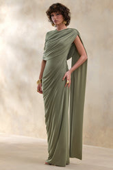 Gisara | Olive High-Neck Maxi Dress With Sash And Draped-Detailing