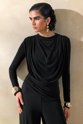 Raniella | Black High-Neck Top With Gathered And Draped-Detailing
