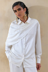 Serenza | Cream Satin Collared-Shirt With Cape-Detail