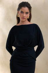 Miravia | Black Satin Wide-Neck Long-Sleeve Top