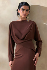 Miravia | Brown Satin Wide-Neck Long-Sleeve Top