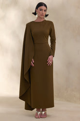 Jovea | Olive Round-Neck Maxi Dress With Cape-Sleeve