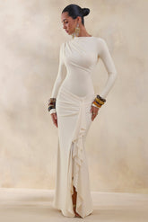 Karessa | Cream High-Neck Maxi Dress With Gathered Detailing And Front-High Split