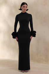 Jaselle | Black High-Neck Maxi Dress With Ruffled Satin-Cuffs
